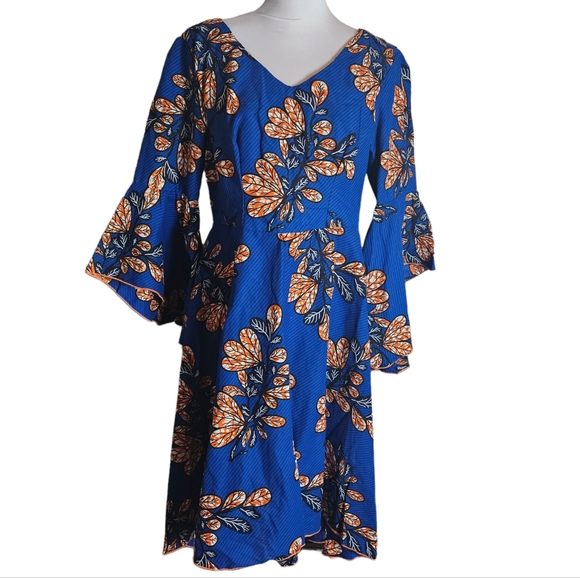 Blue African Ankara Print Dress Sz Large ? Bell Sleeve Hi Low Hem Wedding Party - Picture 1 of 16